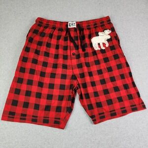 Lazy One Pajama Shorts Mens XXL Red Buffalo Plaid Moose Patch Cotton Drawstring